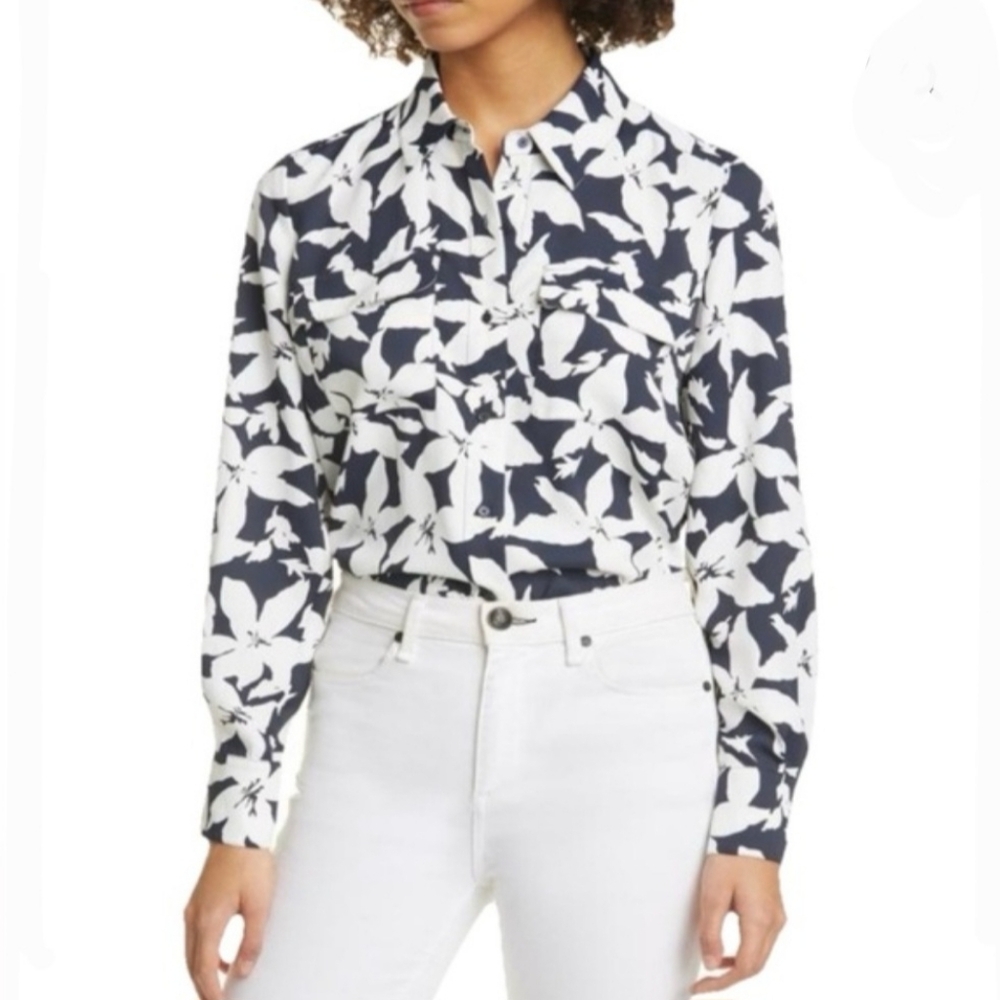 JOIE Eastona Floral Button Down In Deep Sea Blue/White Size XS